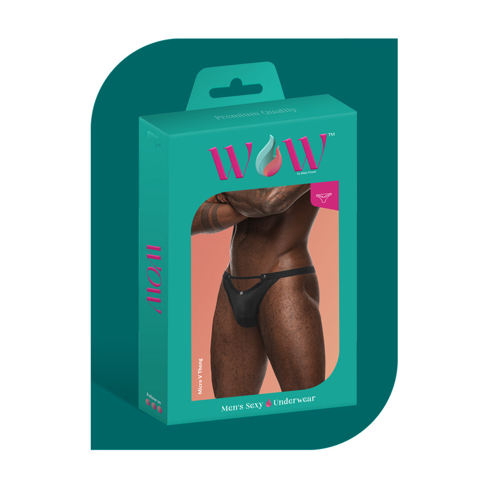 Wow Magnificence Micro V Thong Black S/M packaging with model showcasing the stylish design.