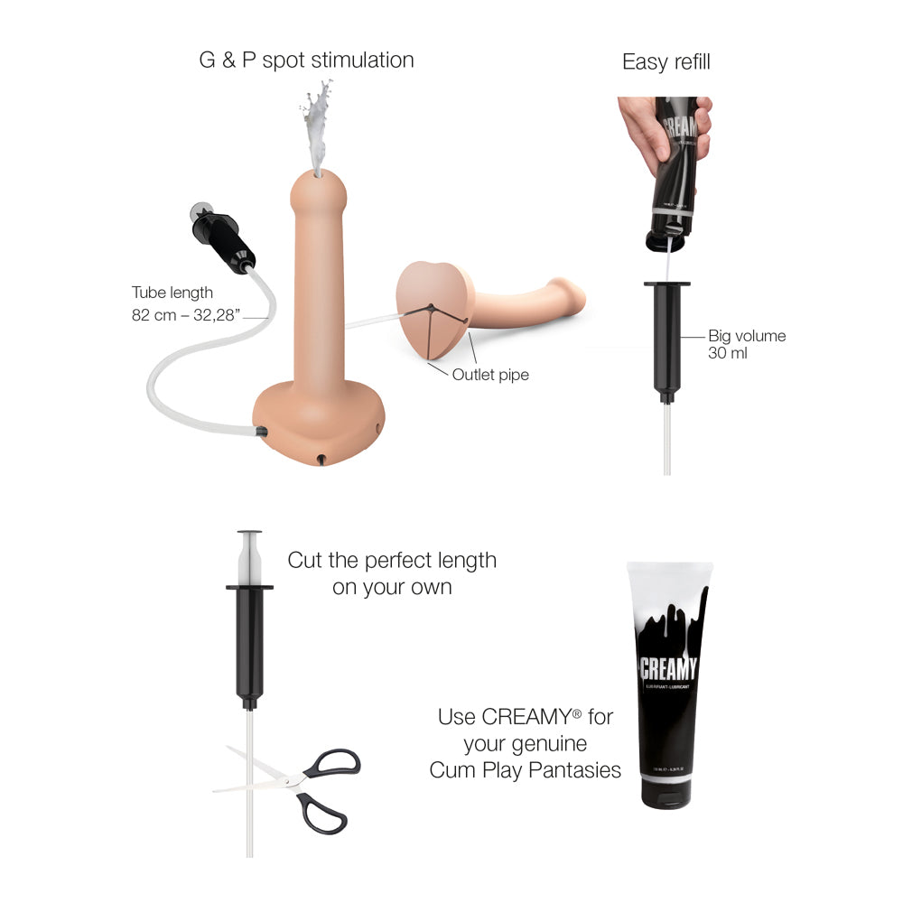 Strap-On-Me Small Squirting Cum Dildo Vanilla with refillable system and G & P spot stimulation features.