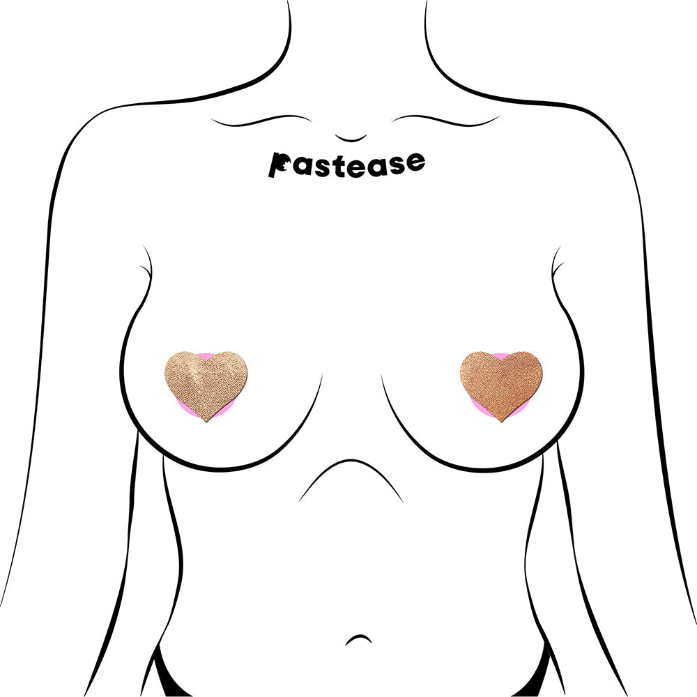 Pastease Petites Liquid Hearts Pasties Rose Gold 2-pack displayed on a silhouette model with heart-shaped nipple covers.