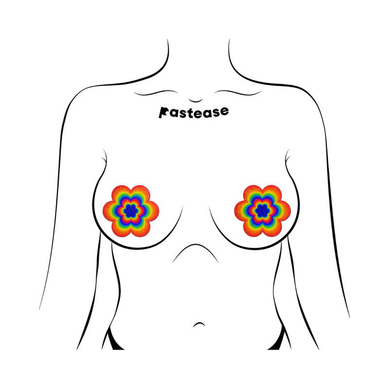 Pastease Rainbow Daisy Pasties featured on a stylized body with floral designs, showcasing playful and colorful aesthetics.