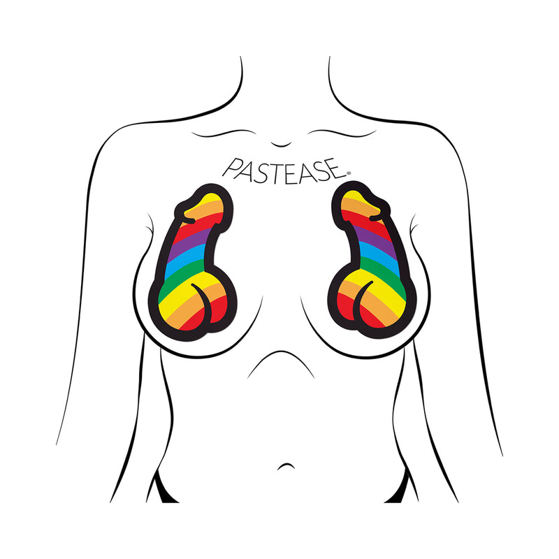 Pastease Penis Pride Pasties Rainbow on illustrated figure, featuring colorful phallic designs for Pride celebrations.