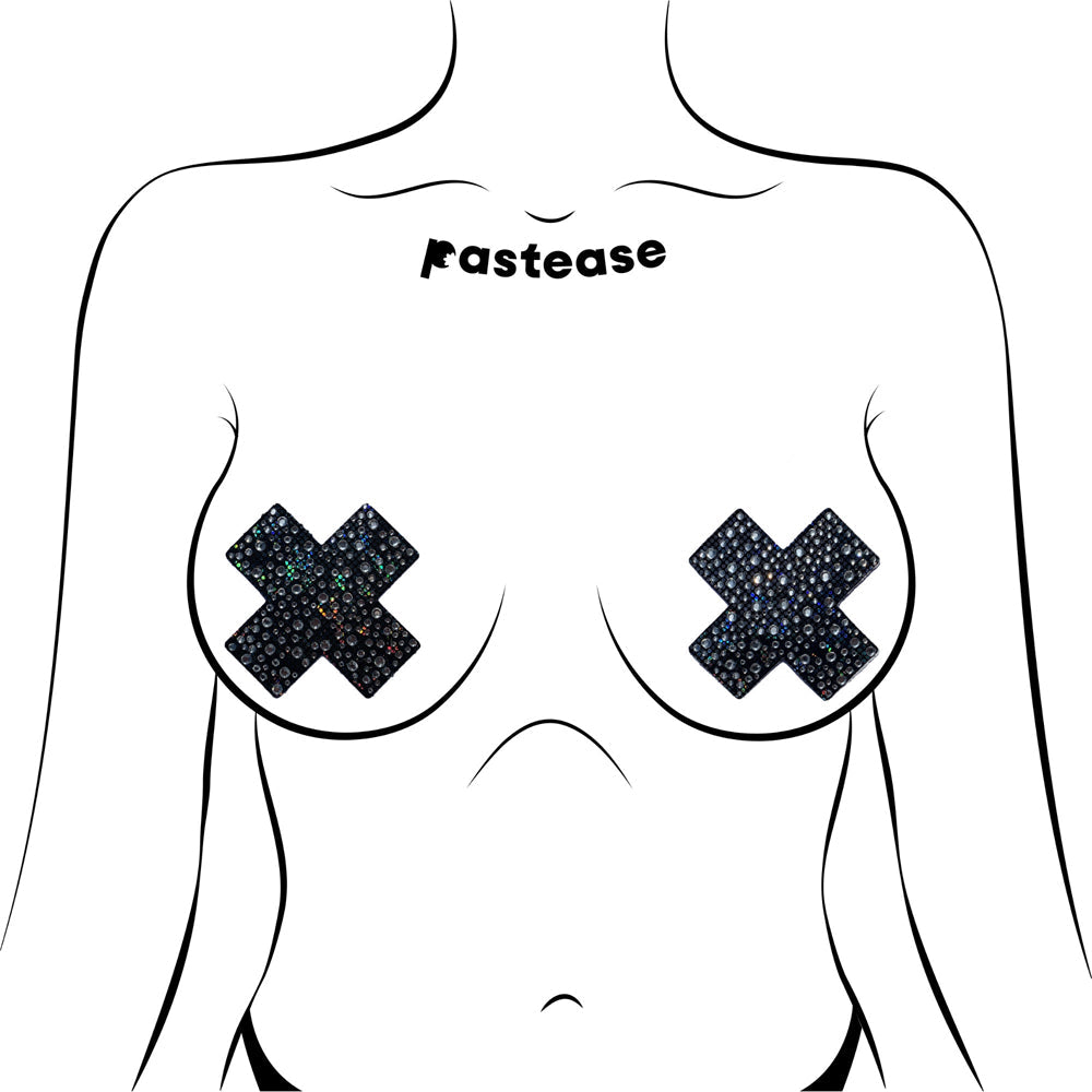 Pastease Crystal Sparkling Crosses Pasties Black on a model with a bold, glamorous design showcasing crystal detail.