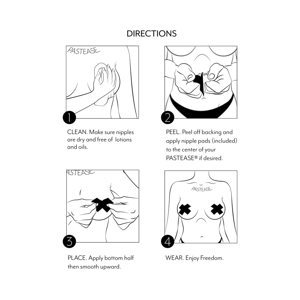 Directions for using Pastease Crystal Sparkling Crosses Pasties Black for application and wear instructions.