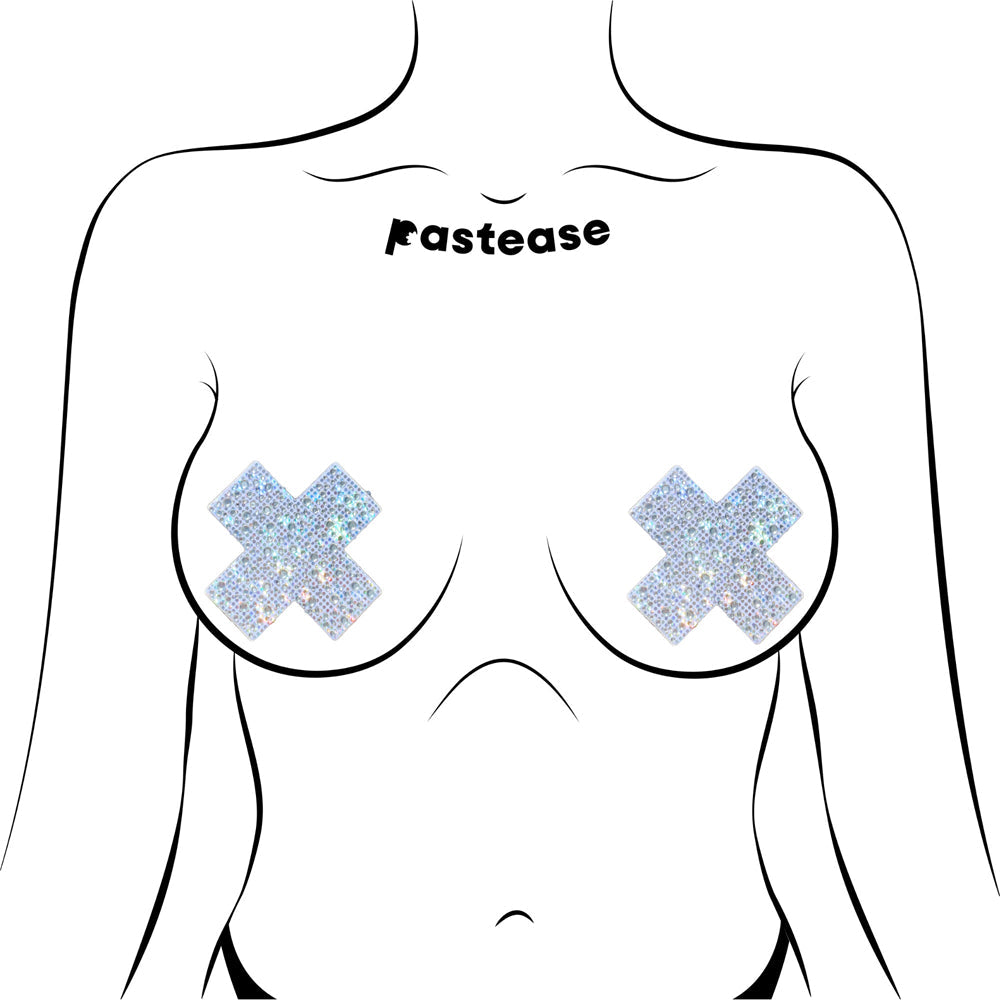 Pastease Crystal Sparkling Crosses Pasties Silver on a body illustration, showcasing sparkling cross-shaped design.