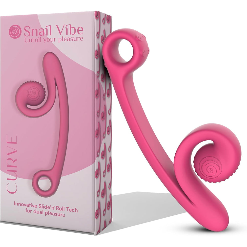 Snail Vibe Curve Dual Stimulator Pink next to its packaging, showcasing innovative design for dual pleasure.