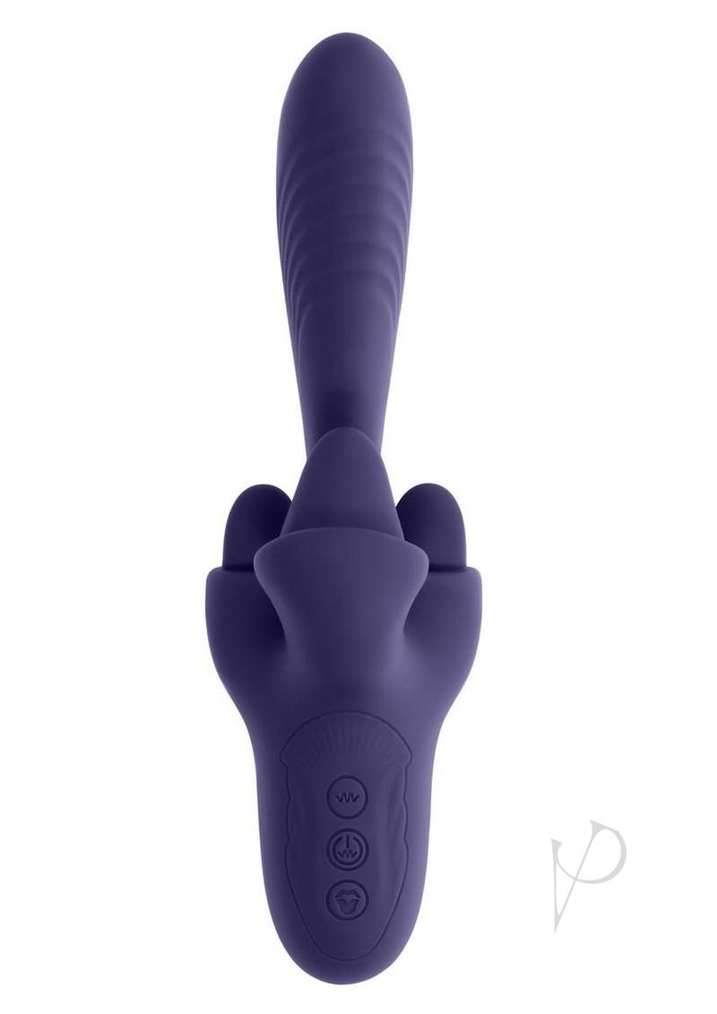 Evolved Tongue Twisted Silicone Clitoral Stimulator Purple featuring three flickering tongues and vibrating shaft.