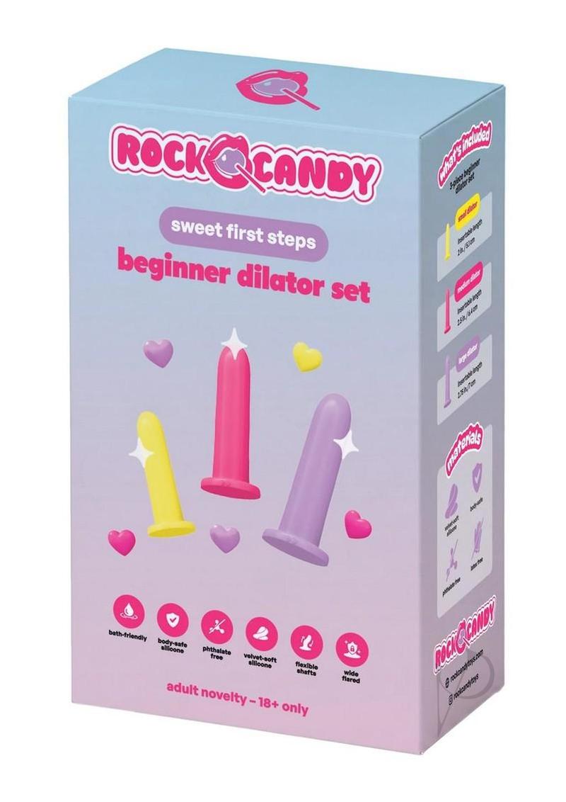 Rock Candy Beginner Silicone Dilator Set 3 Piece Multicolor packaging with colorful dilators and heart graphics.