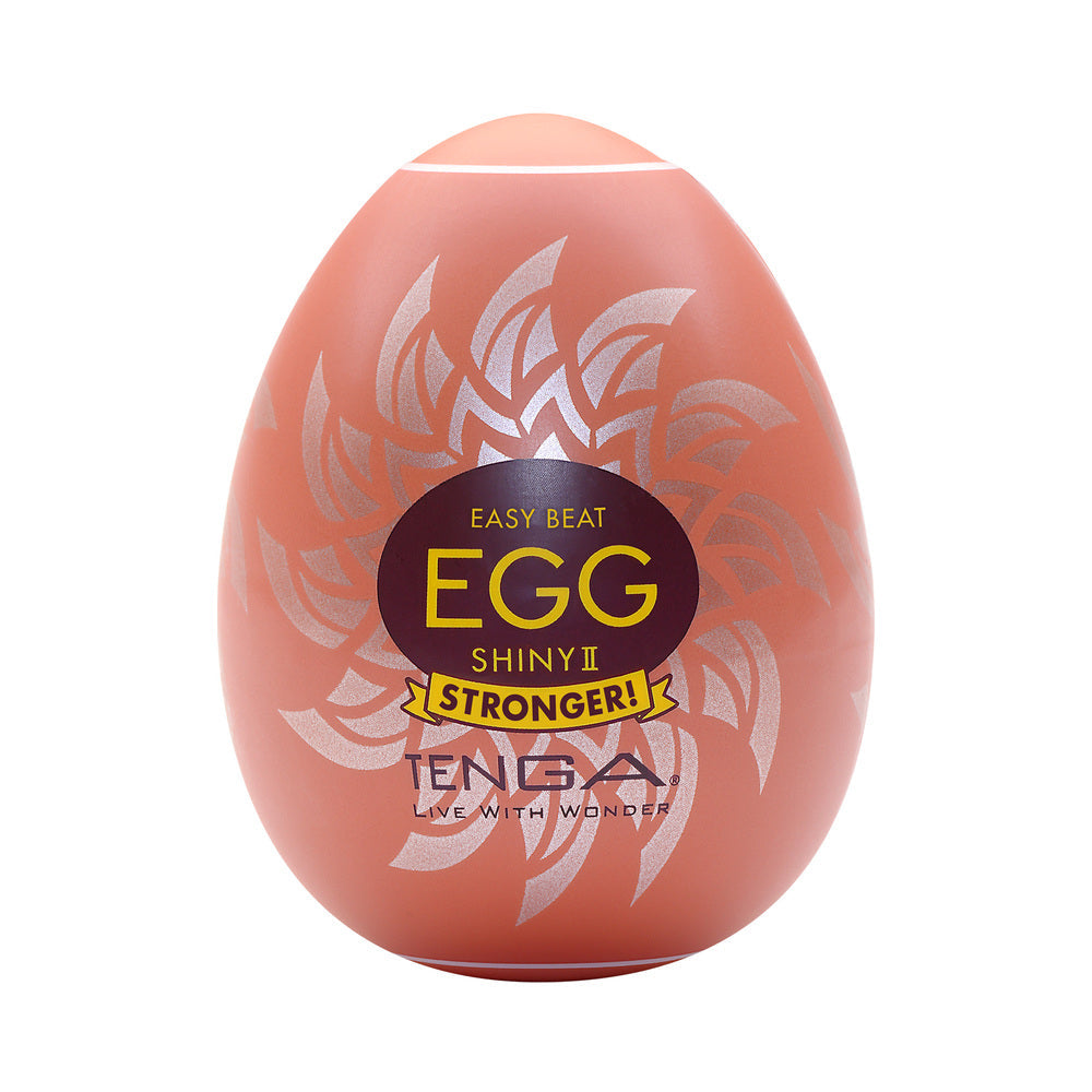 Tenga Egg Shiny II Disposable Masturbator White with bold design and textured package for enhanced pleasure.