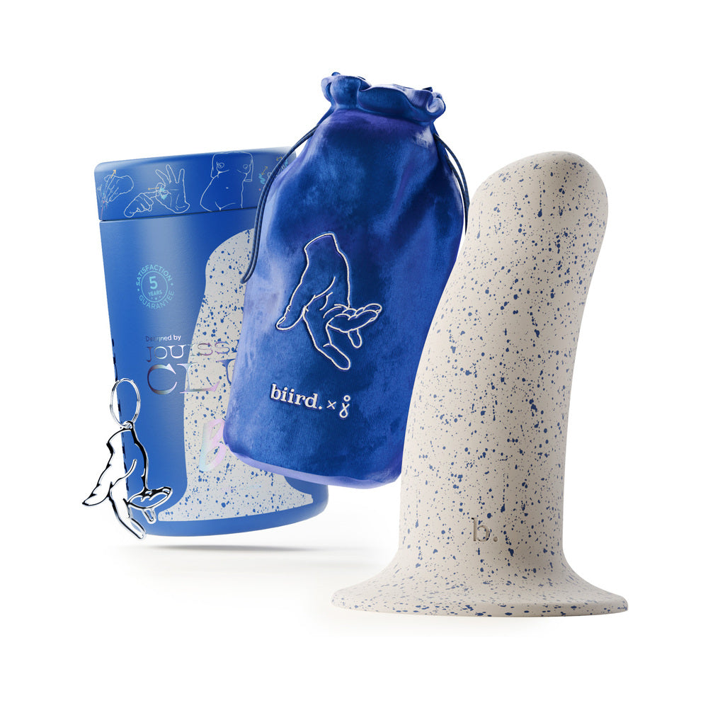 Biird Boo 5.5 Inch Silicone Suction Cup Dildo Blue displayed with packaging and carrying pouch.
