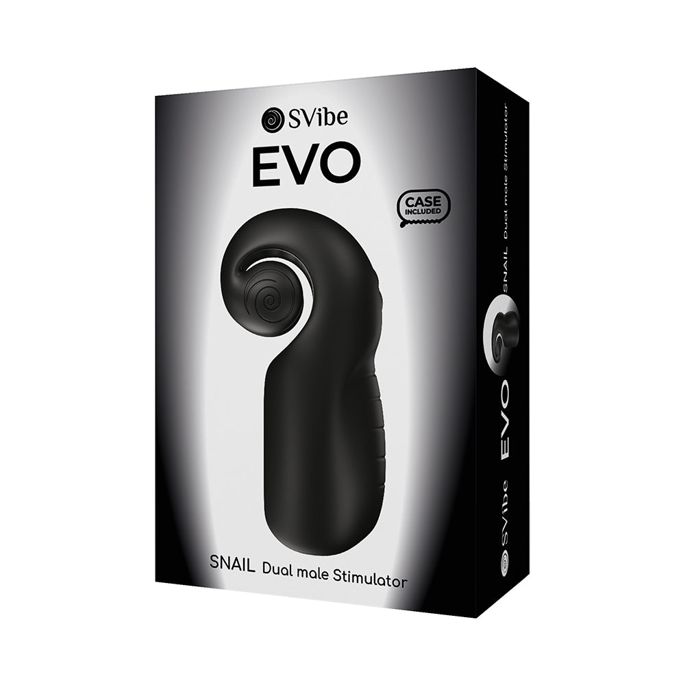 Svibe Snail Evo Dual Male Stimulator Black packaging showcasing its ergonomic design and features.