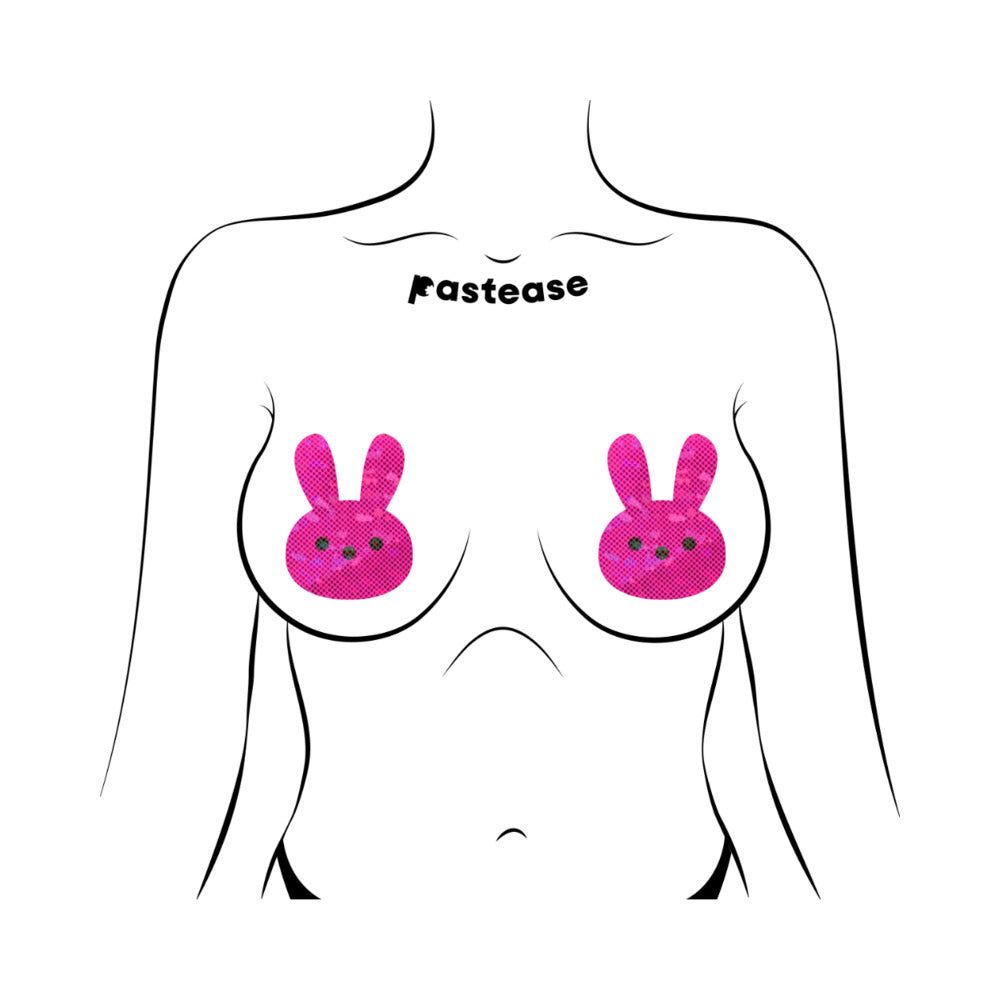Pastease Pink Marshmallow Easter Bunny Nipple Pasties on a model, showcasing glittery pink bunny design.