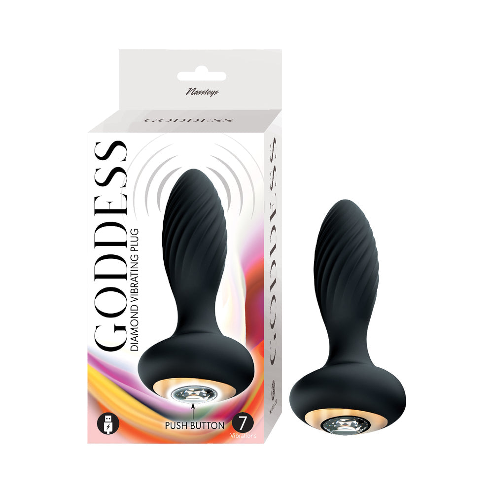 Nasstoys Goddess Diamond Vibrating Butt Plug Black in elegant packaging with light-up design, suitable for all users.