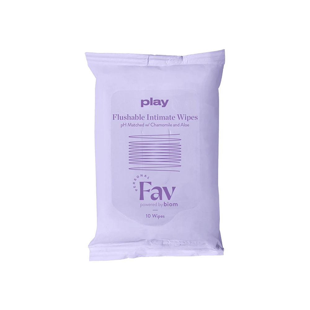 Personal Fav Play Flushable Intimate Wipes 10-pack package front view with calming design.