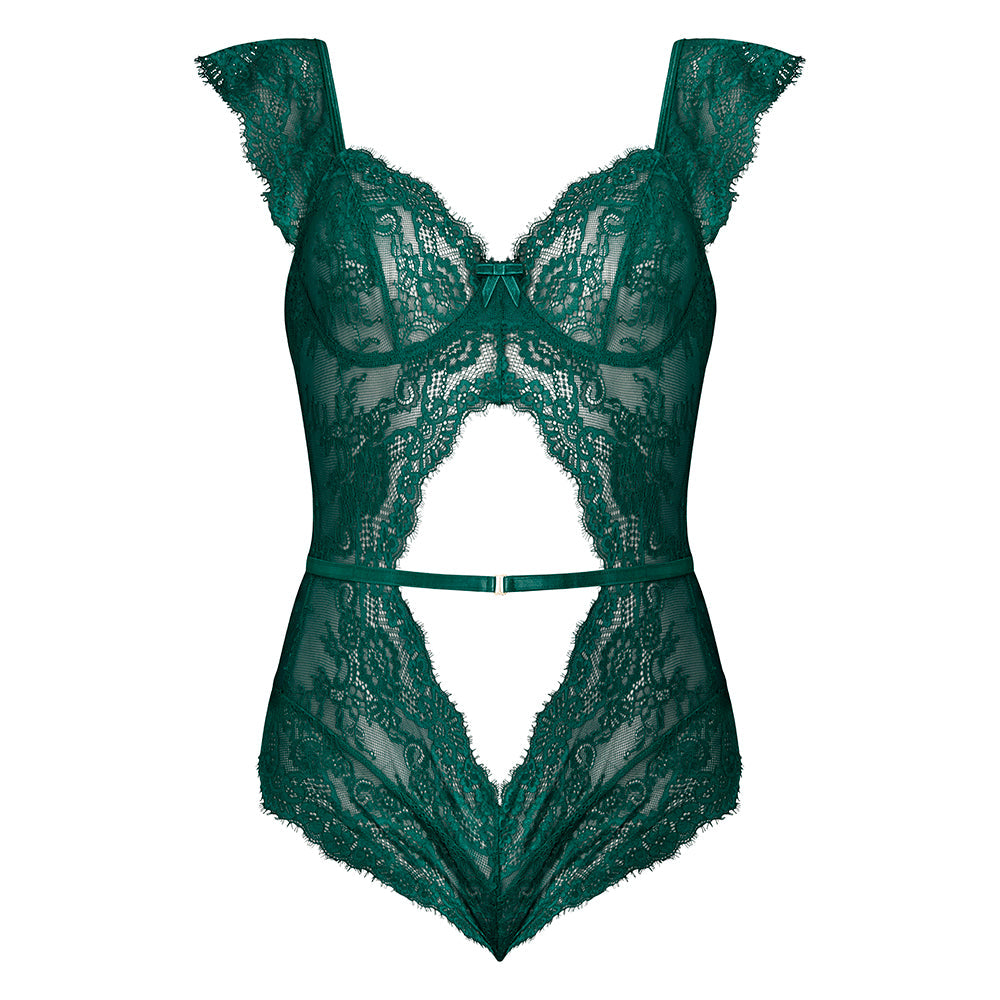 Magic Silk Evermore Cutout Romper Emerald S/M featuring elegant lace and stylish cutouts in rich emerald green.