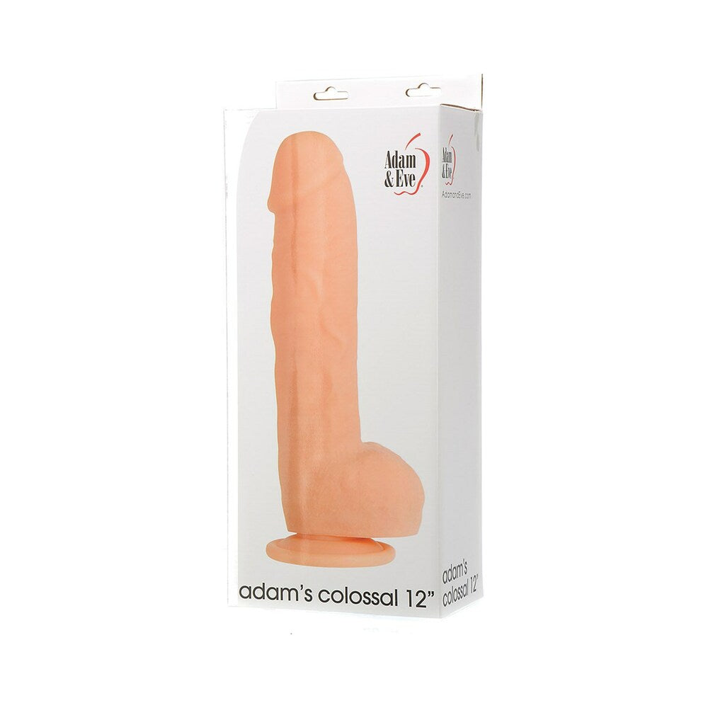 Adam & Eve Adam's Colossal 12 Inch Dildo Beige in packaging, showcasing its realistic design and impressive size.
