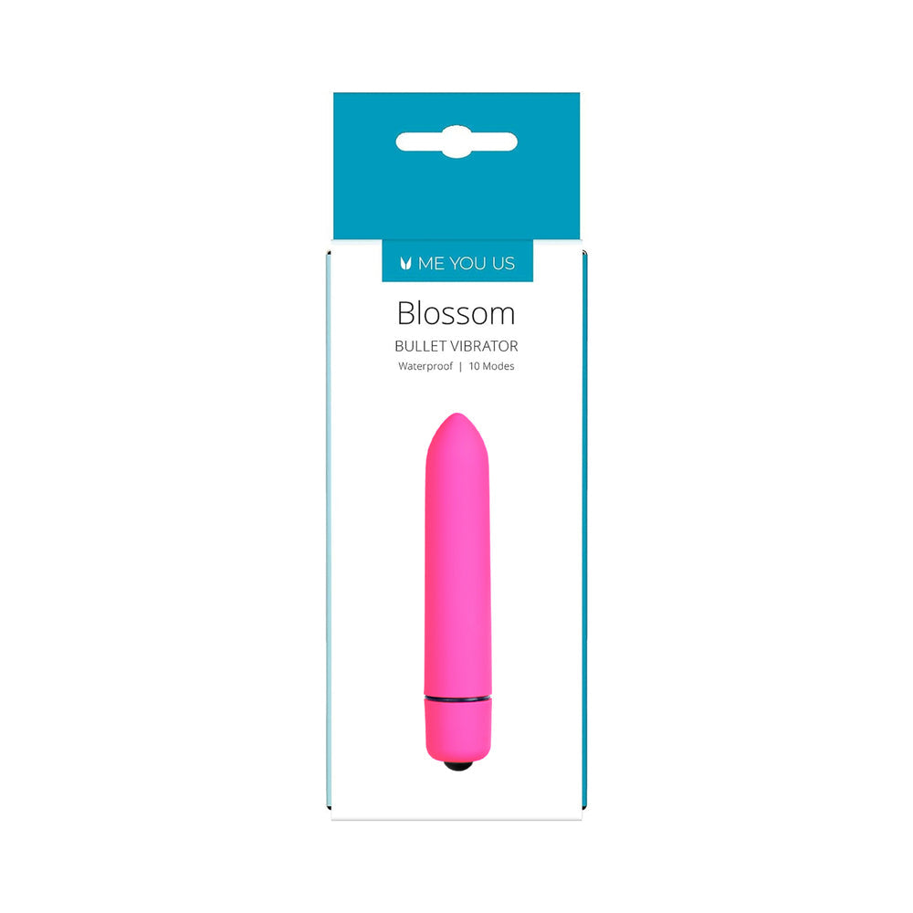 Me You Us Blossom 10 Mode Bullet Vibrator Pink packaging showcasing its waterproof design and sleek shape.