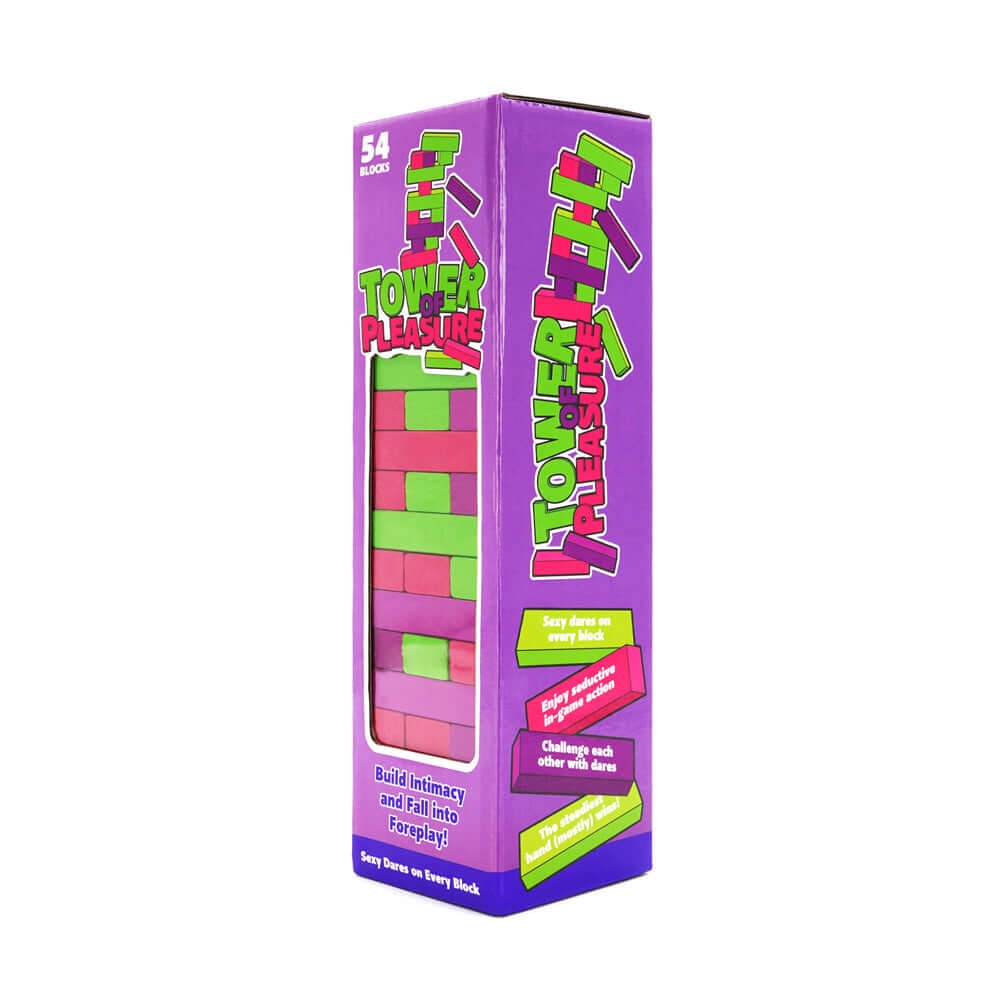 Play Wiv Me Tower of Pleasure Adult Game box featuring colorful blocks for couples' intimate fun.