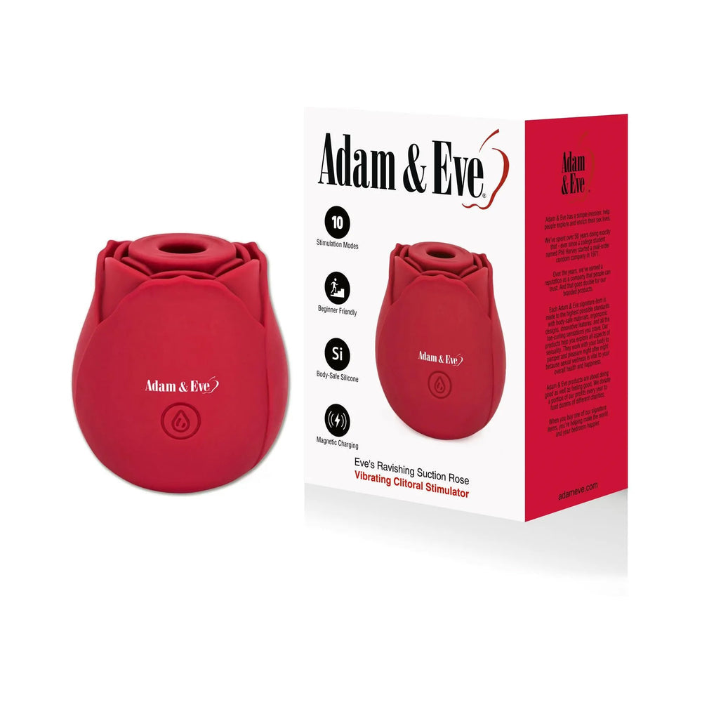 Adam & Eve Eve's Ravishing Suction Rose Clitoral Stimulator packaging and product in red rose shape.