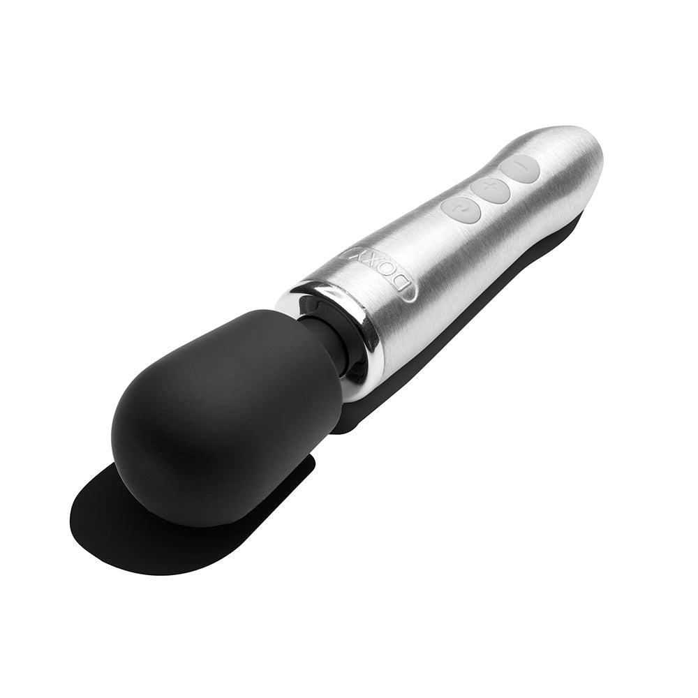 Doxy Go Travel-sized Wand Massager Brushed Metal on a white background, showcasing its sleek design and powerful capabilities.