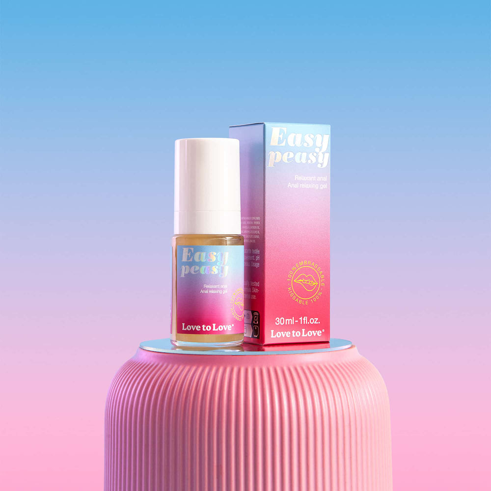 Love To Love Easy Peasy Anal Relaxing Gel 1 Oz in a stylish bottle and packaging on a pastel background.