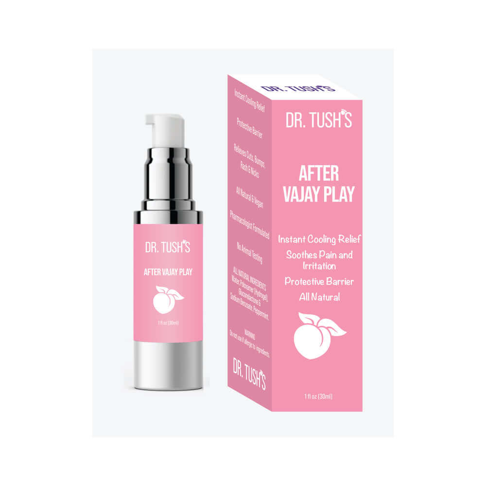 Dr Tushs After Vajay Play 1 Oz cooling relief spray for intimate recovery and soothing care.