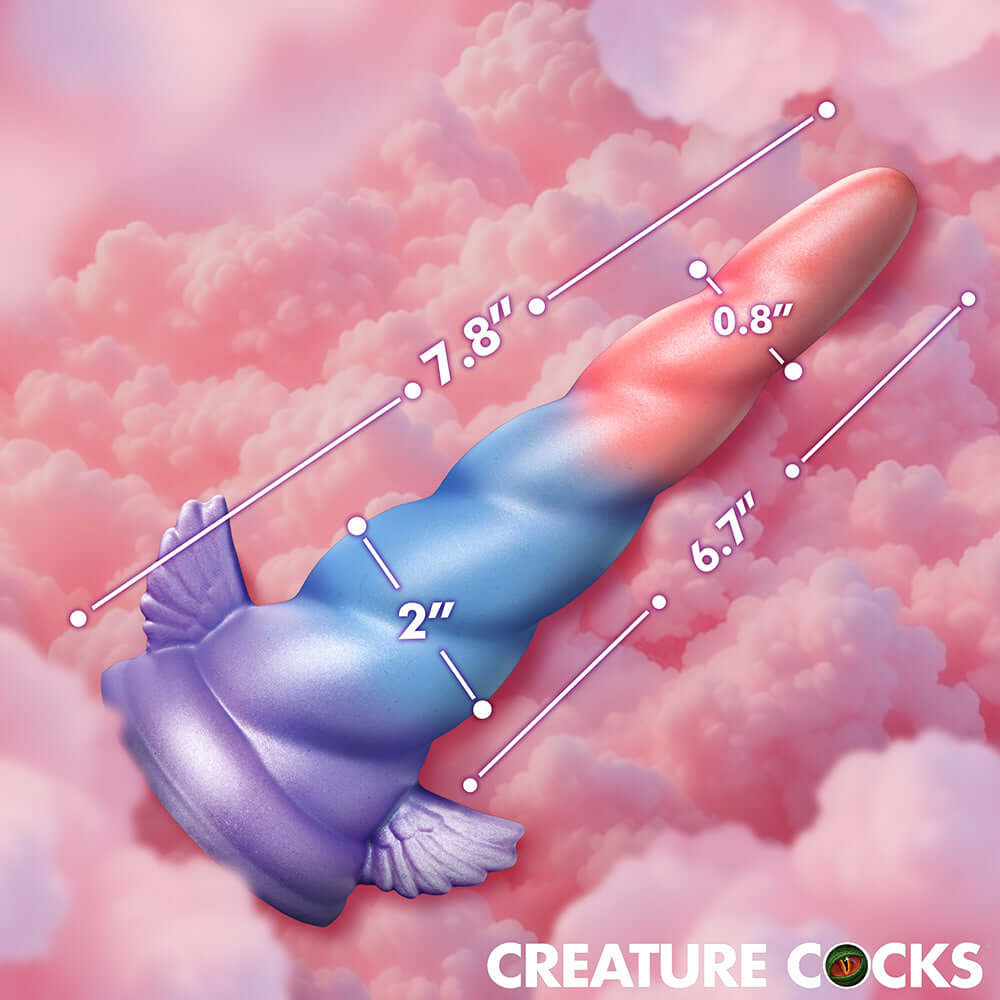 Creature Cocks Deluxe Dream Rider Vibrating Unicorn Dildo dimensions against a cloud background
