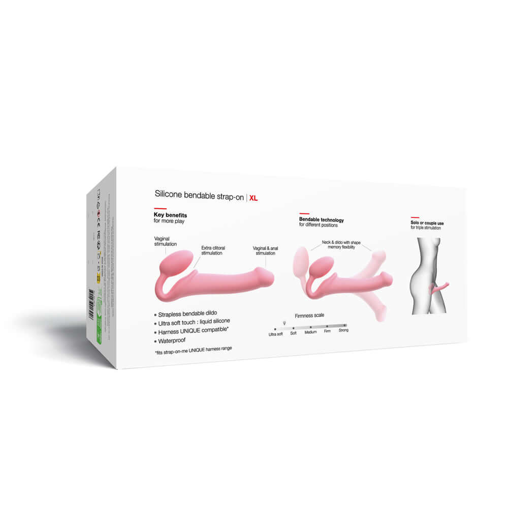 Strap-On-Me Silicone Bendable Strapless Strap-On Pink XLarge packaging showcasing features and benefits.