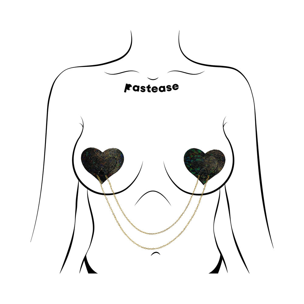 Pastease Black Disco Ball Heart Gold Chain Nipple Pasties on a stylish illustration, showcasing bold heart designs and gold chains.