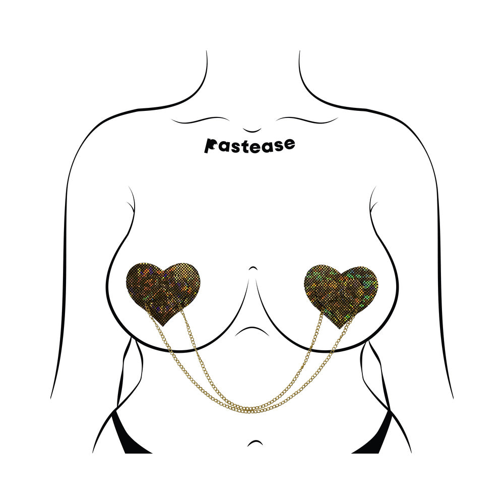 Pastease Black Disco Ball Heart Gold Chain Nipple Pasties design featuring glittery heart pasties with gold chains.