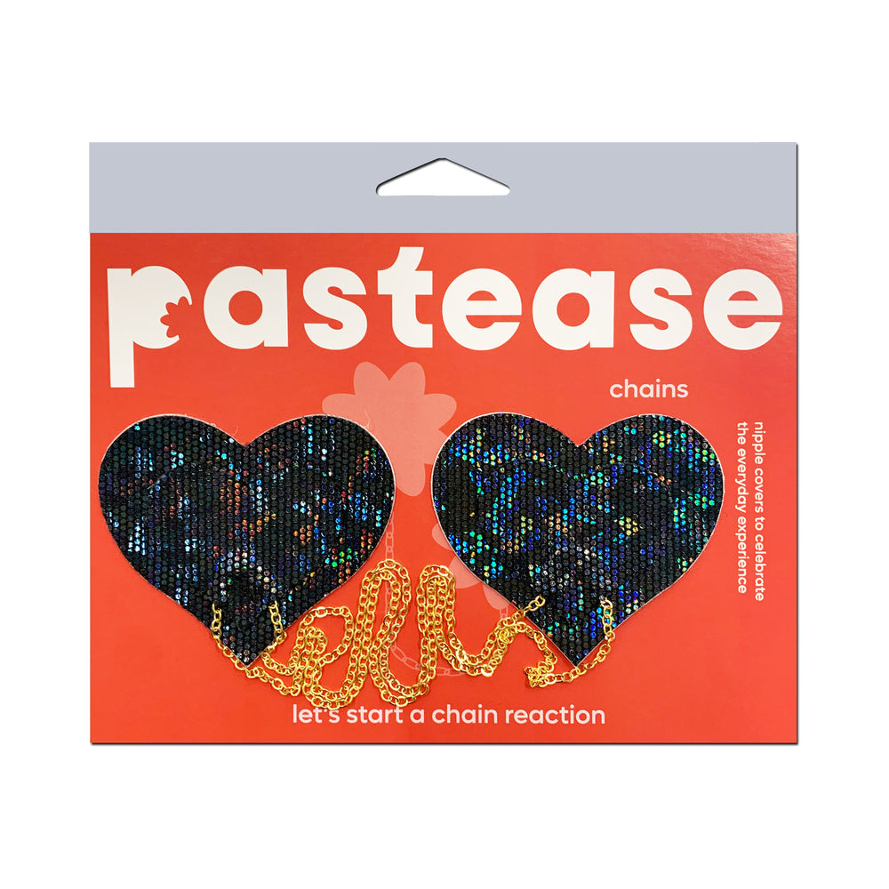 Pastease Black Disco Ball Heart Gold Chain Nipple Pasties on display with chains, adding sparkle to any outfit.