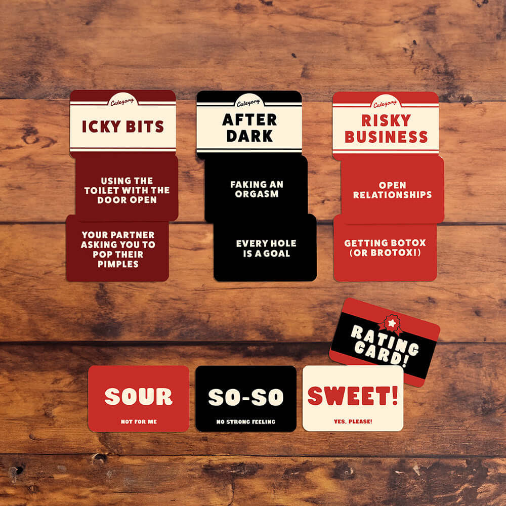 Spicy Pickles The adults only party game that will get people talking question cards laid out on a table.