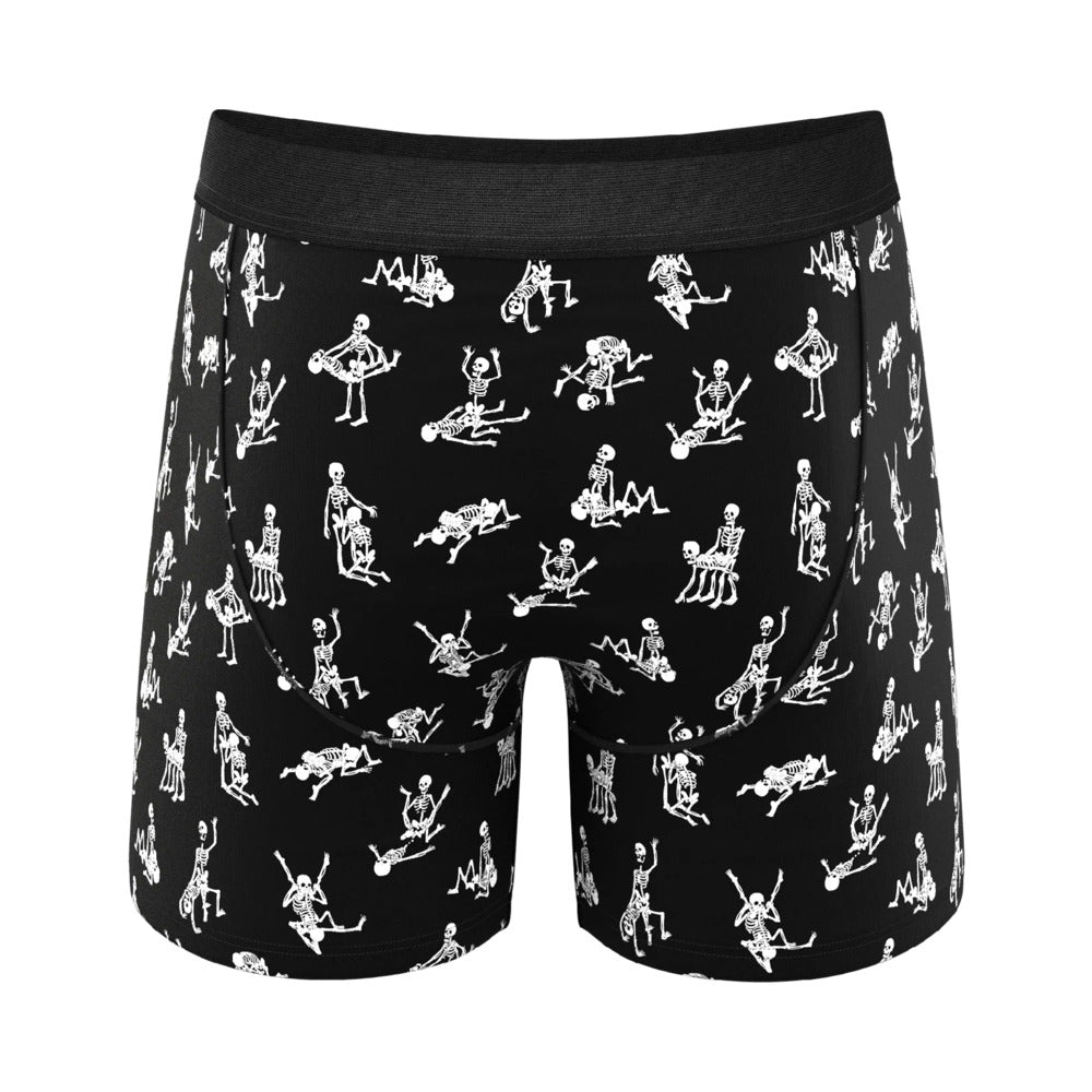 Shinesty Bare Back Bones Ball Hammock Pouch Underwear Small with playful skeleton print on black background.