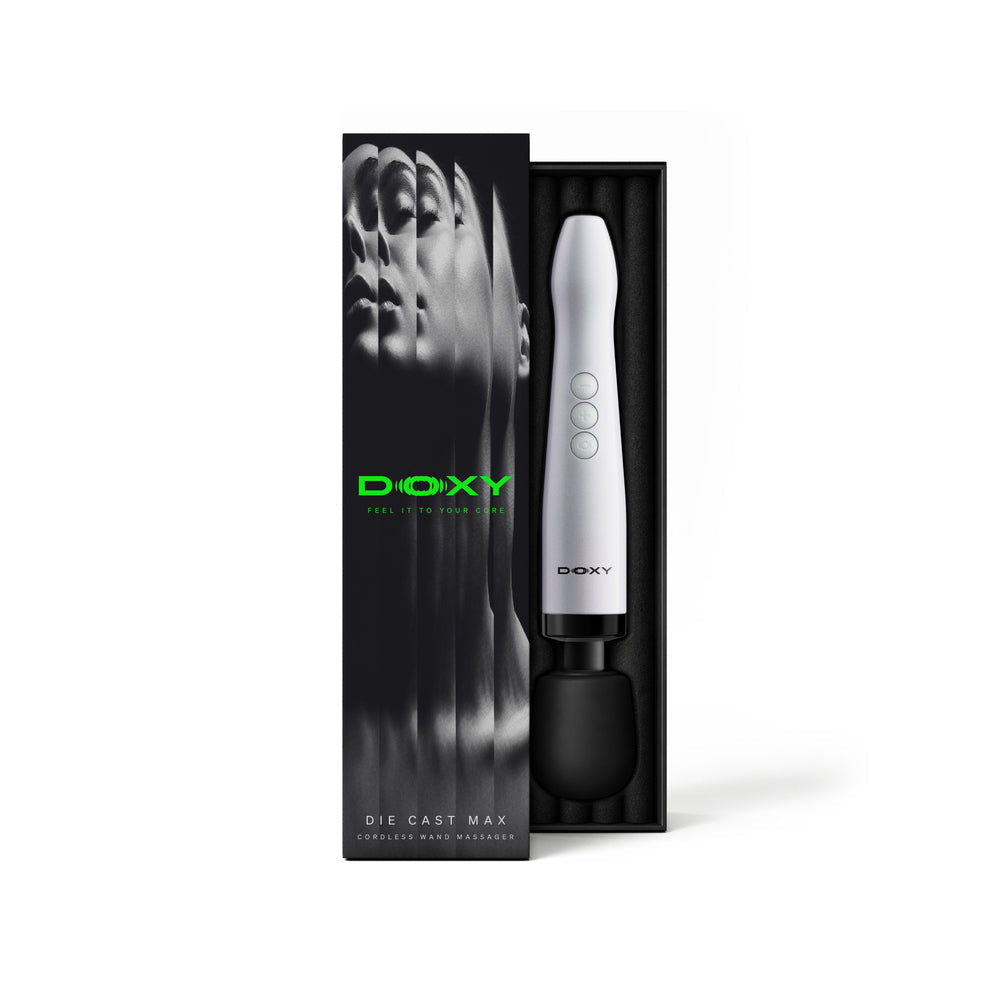 Doxy Die Cast Max Cordless Wand Massager White in elegant packaging with sleek design and controls.