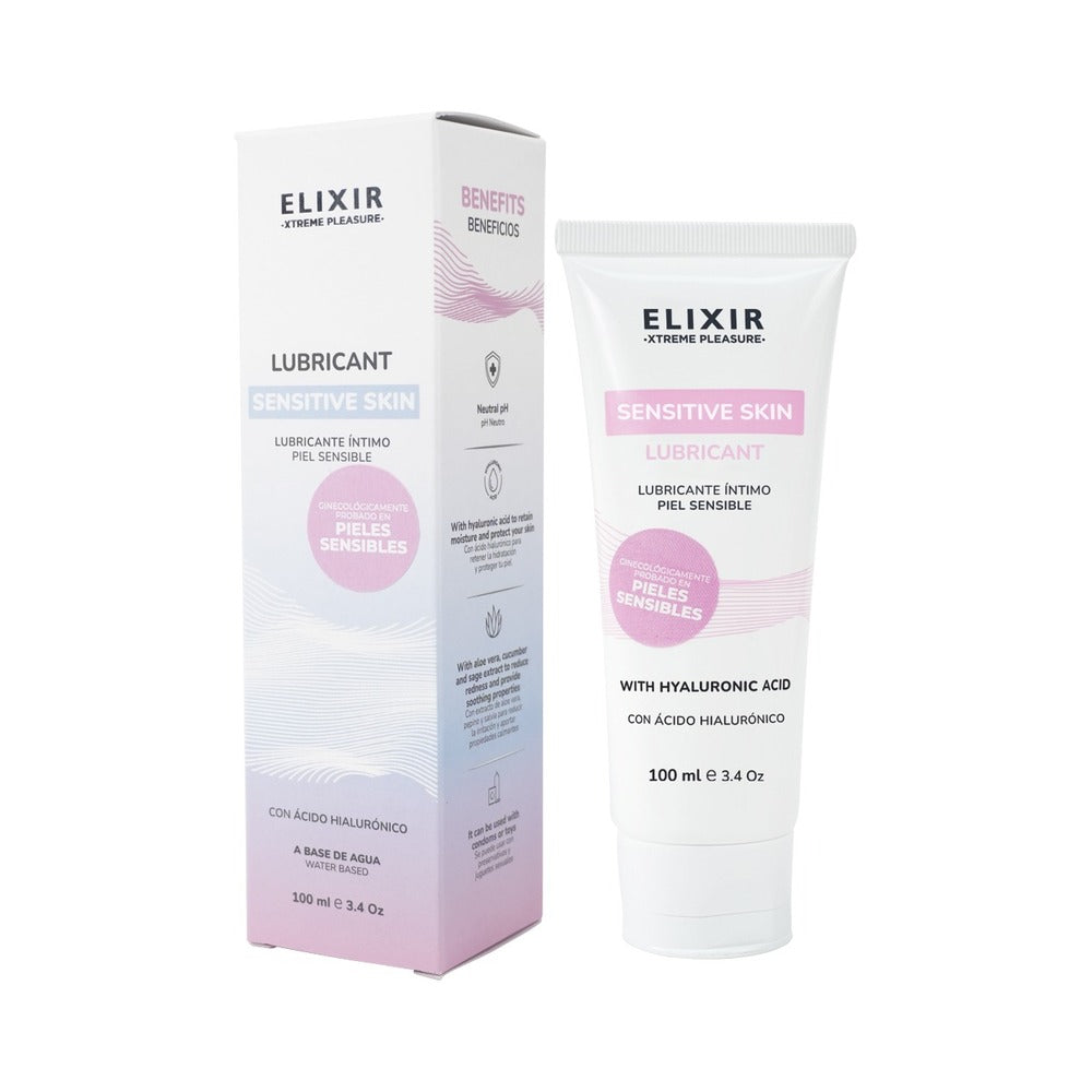 Elixir Lubricant Sensitive Skin 3.4 Oz, water-based intimate lubricant for sensitive skin with hyaluronic acid.