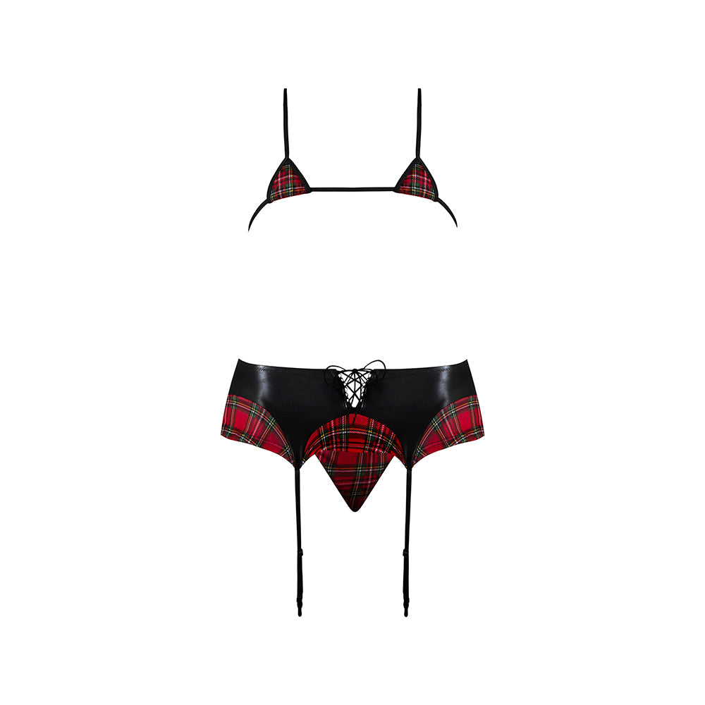 Magic Silk Sexy Time Oral Exam Schoolgirl Set Red Queen Size featuring red plaid micro bra and black wet look accents.