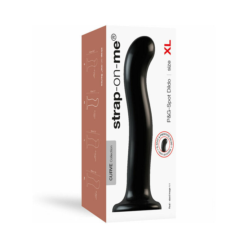 Strap-On-Me P&G Spot Dildo Extra Large Black in packaging showcasing its ergonomic design.