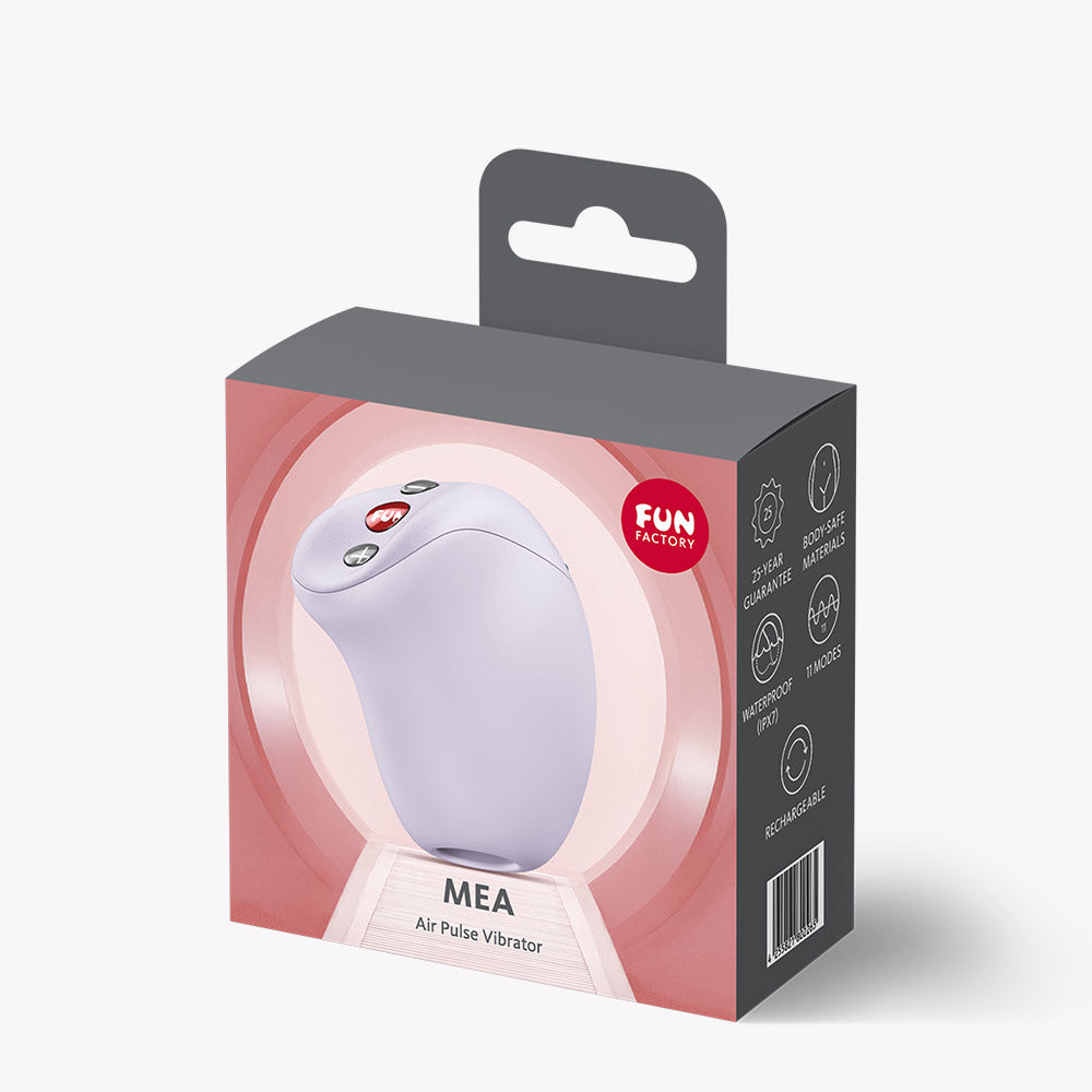 Fun Factory Mea Air Pulse Vibrator Purple packaging display with product features highlighted.