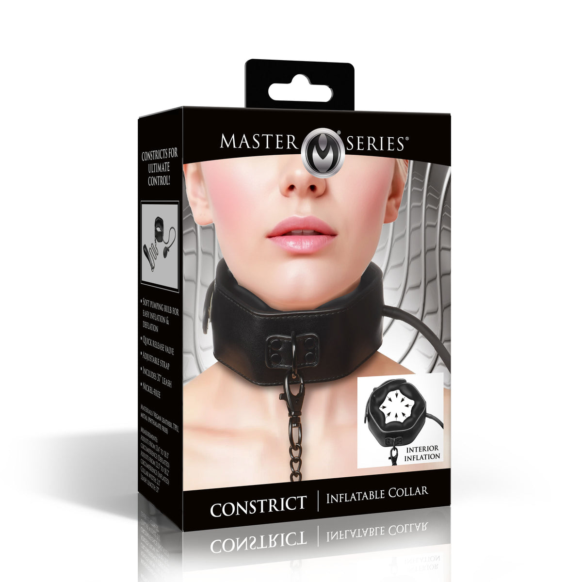 Master Series Constrict Inflatable Collar with Leash Black packaging showcasing adjustable inflation design.