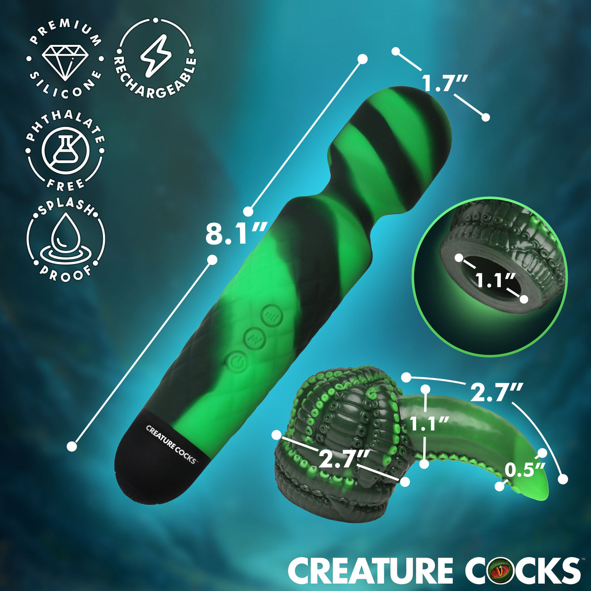 Octo Wand Silicone Vibrating Wand with Attachment featuring green silicone, textured tentacle attachment, premium design.