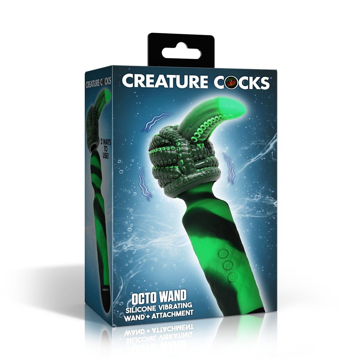 Octo Wand Silicone Vibrating Wand with Attachment packaging showcasing the unique design and features from Creature Cocks.