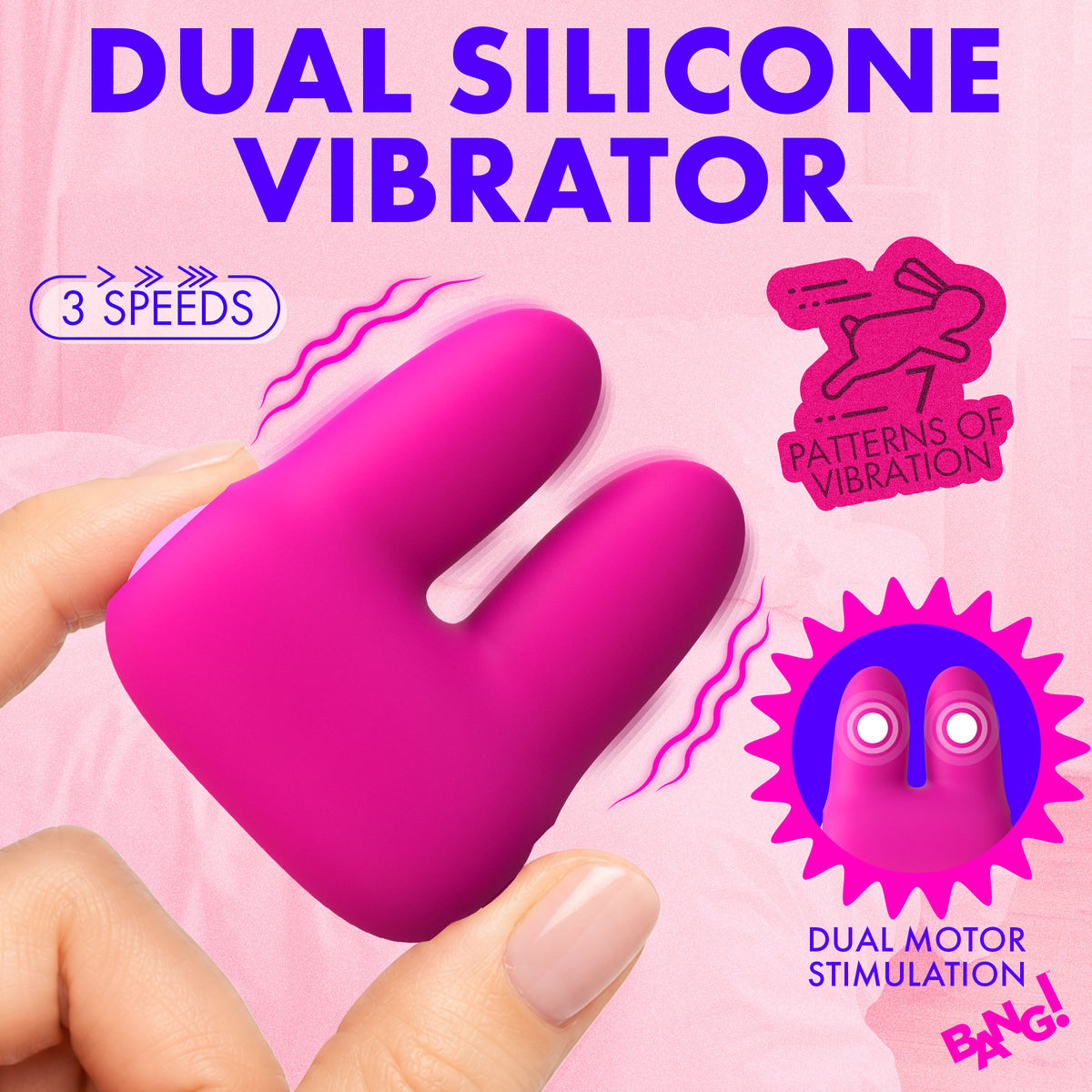 Bang Dual Silicone Clitoral Vibrator Pink with dual motor stimulation and 3 vibration speeds.