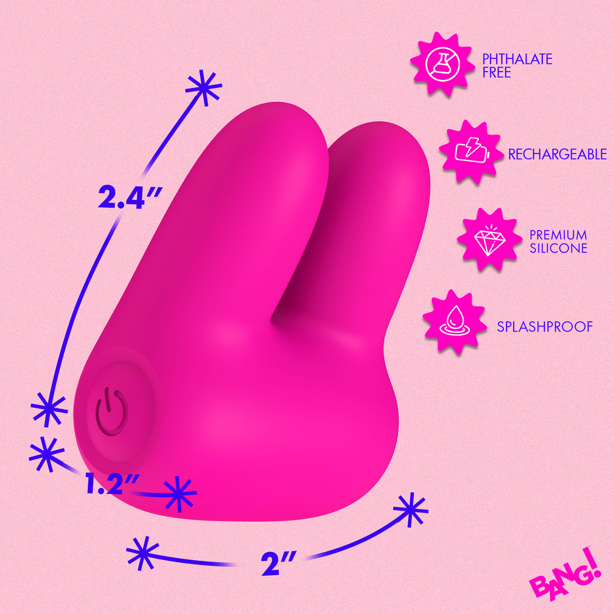 Bang Dual Silicone Clitoral Vibrator Pink showcasing its size and features like splashproof and premium silicone.