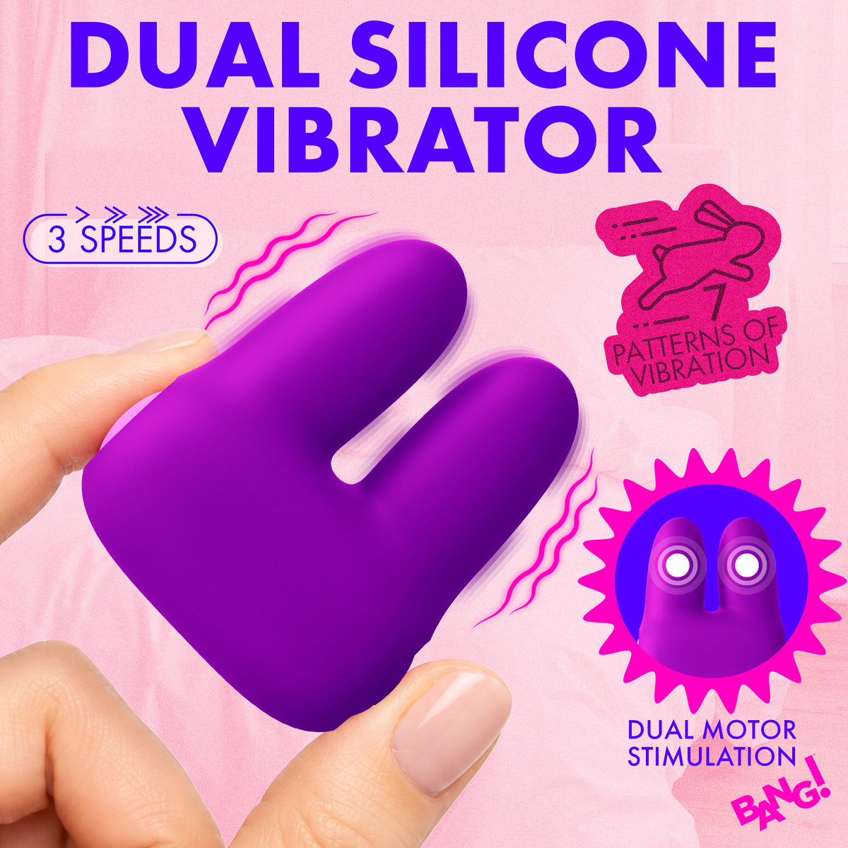 Bang Dual Silicone Clitoral Vibrator Purple featuring dual motors and 3 speeds of vibration.