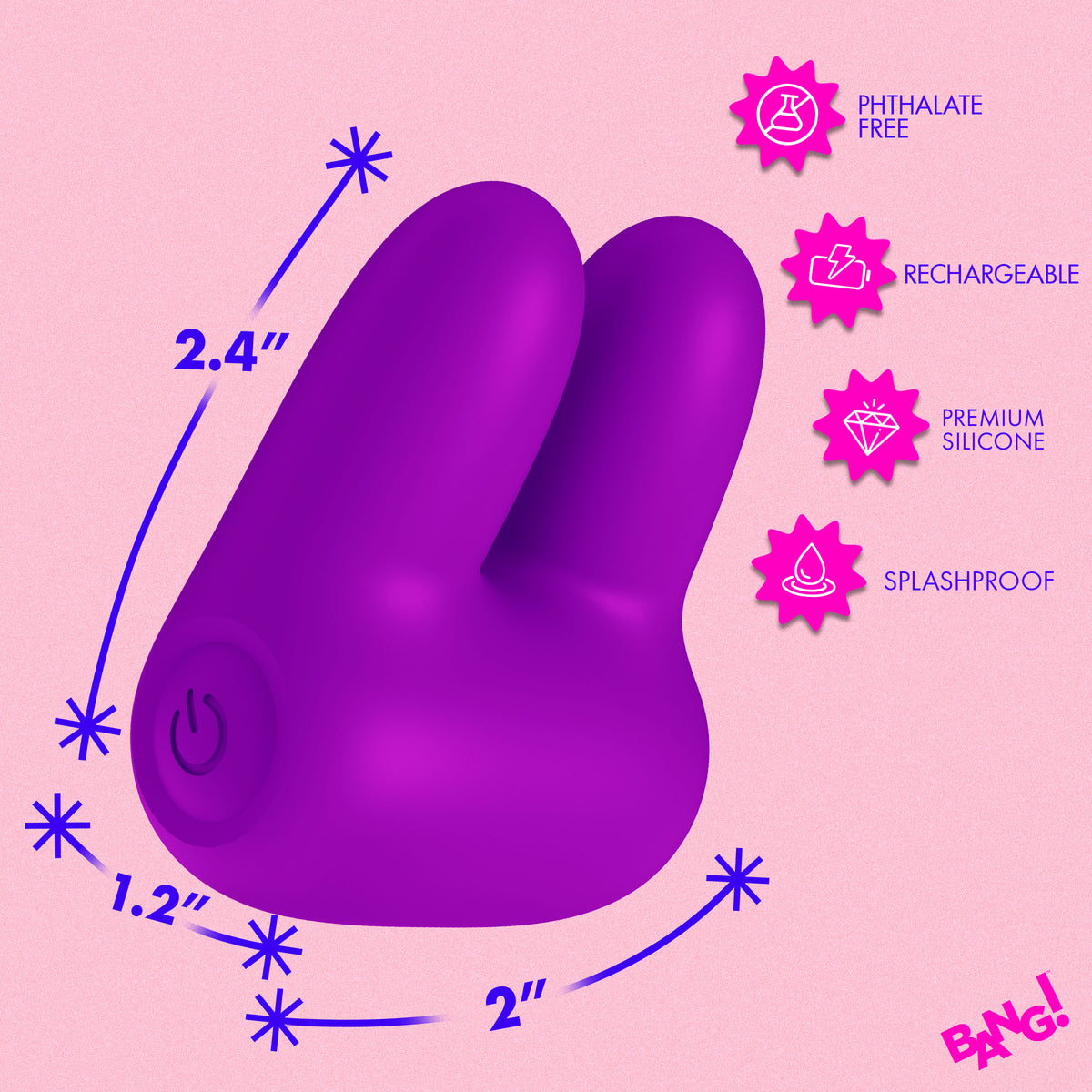 Bang Dual Silicone Clitoral Vibrator Purple with dimensions and features including rechargeable and splashproof.