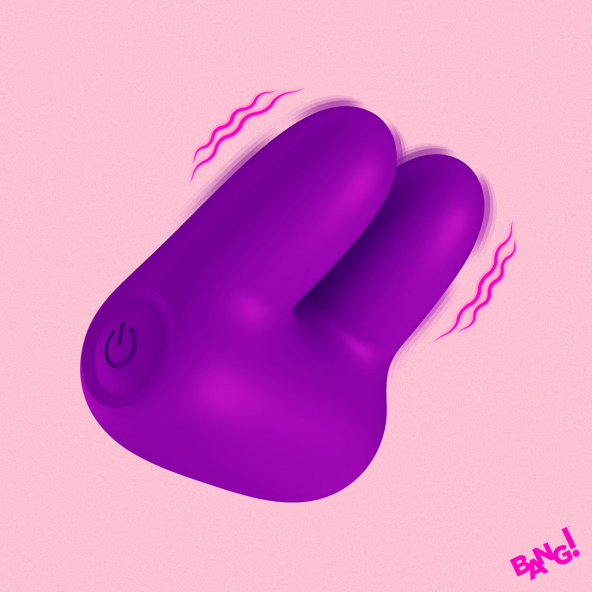 Bang Dual Silicone Clitoral Vibrator Purple on a pink background with a power button and vibration lines.