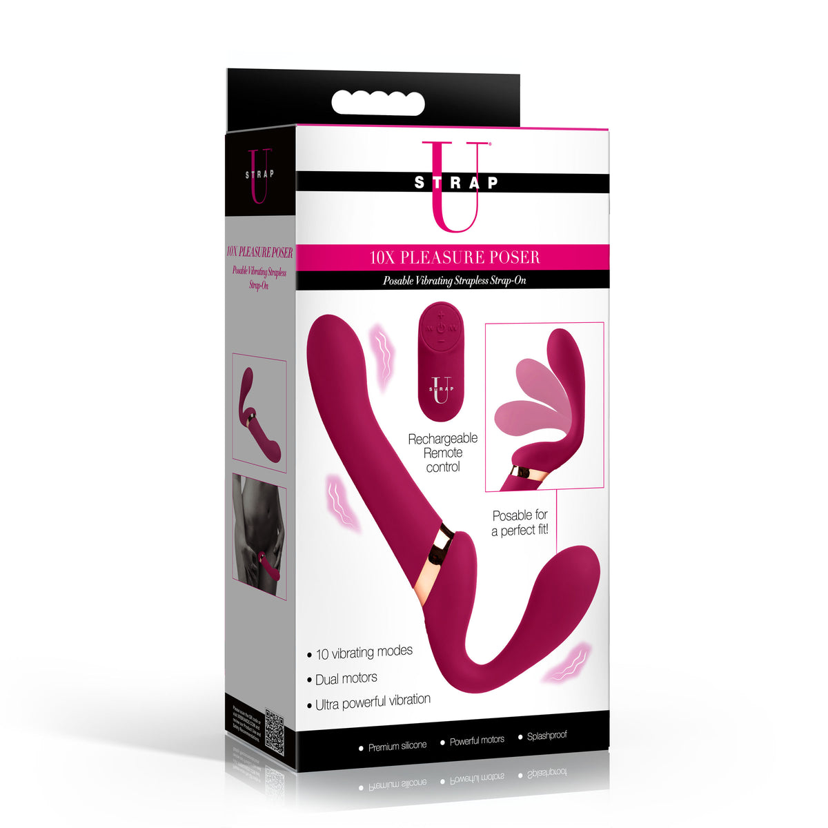 10X Pleasure Poser Posable Vibrating Strapless Strap-On packaging showcasing its features and design.