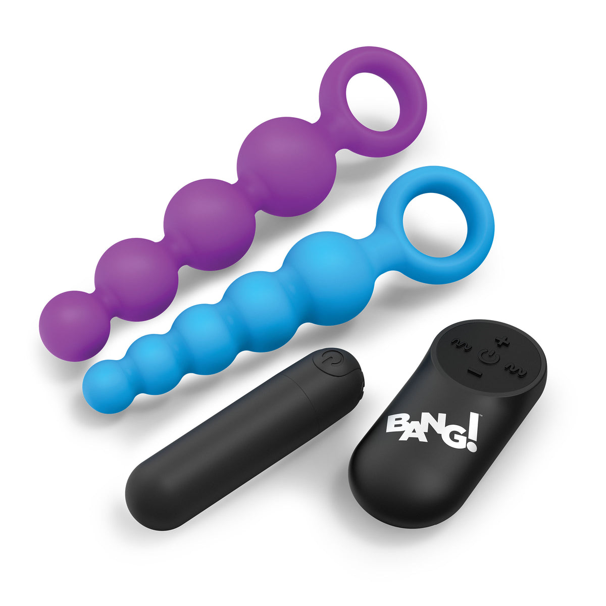 Bang Vibrating Silicone Anal Beads Set with Remote featuring purple and blue bead strands and a remote control.