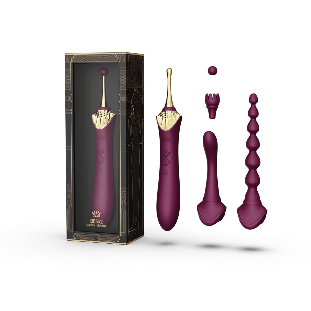 ZALO Bess 2 Clitoral Massager in Velvet Purple with multiple attachments including anal beads, USB rechargeable, waterproof, 8 vibration modes