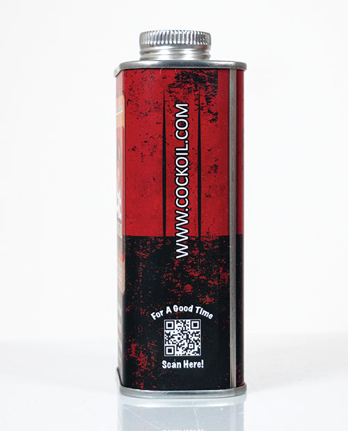 Cock Oil Water-based Lubricant Metal Can With Plastic Liner 9 Oz with a clean design and QR code for product information.