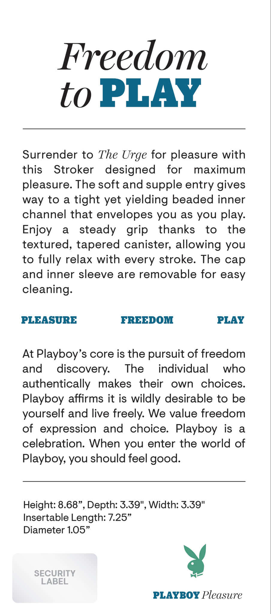 Playboy The Urge Stroker Medium packaging highlighting features and dimensions for enhanced pleasure experience.